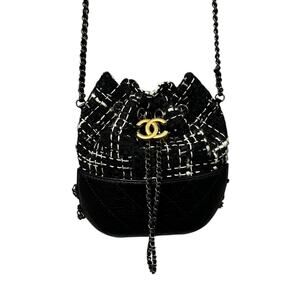 Chanel Gabrielle Black & White Tweed Leather Drawstring Bucket Bag